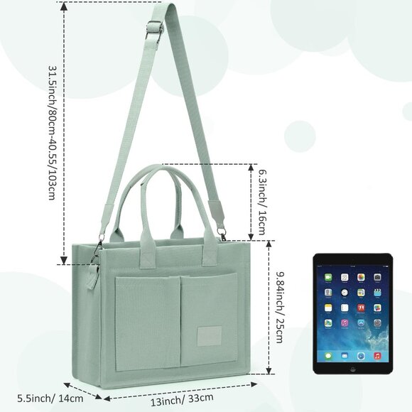 Green Canvas Multi-pocket Women's Tote Bag for Work, Travel, Shopping, Casual Us - Picture 5 of 7